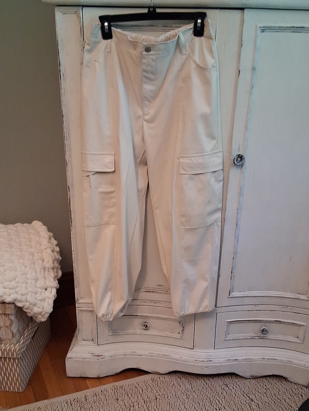 Women's Faux Leather Cream Cargo Pants with Utility Pockets